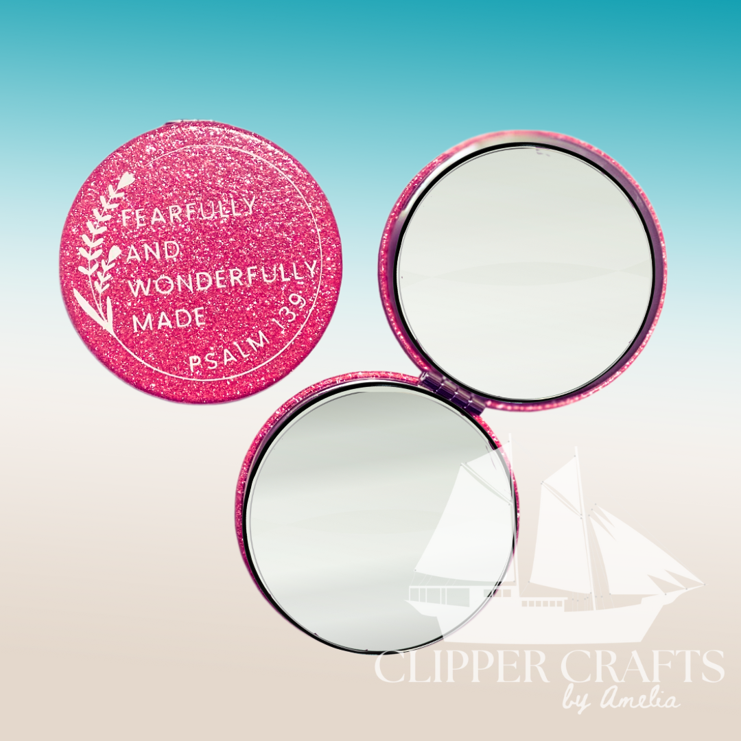 "Fearfully and Wonderfully Made" Psalm 139:14 KJV Pink Glitter Compact Hand Mirror