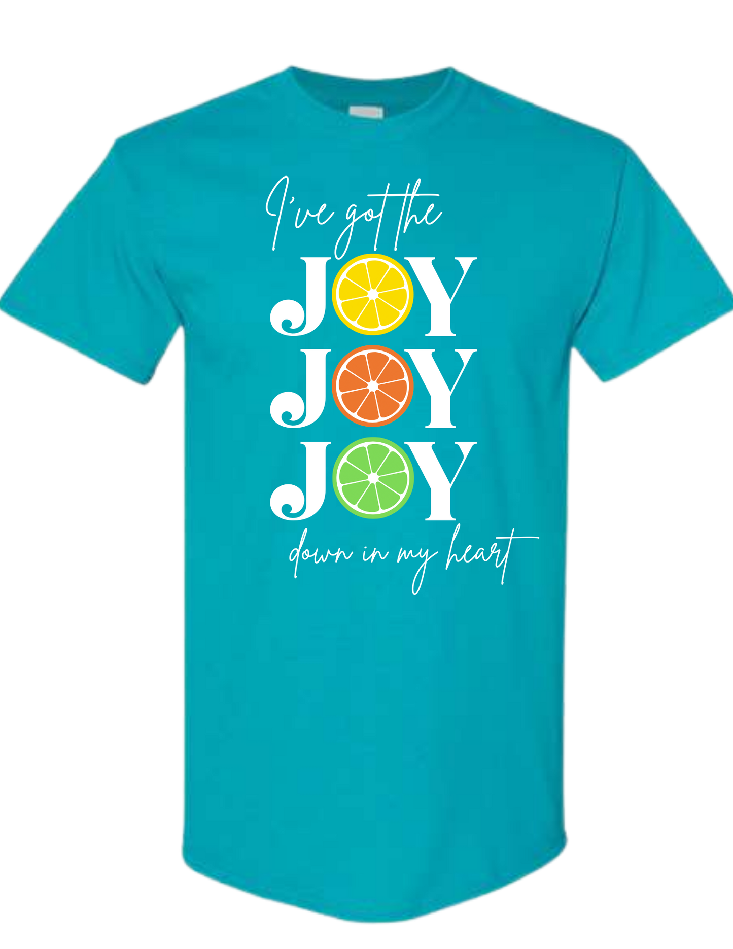 "Joy Joy, Joy" Citrus Design T-Shirt - Tropical Blue
