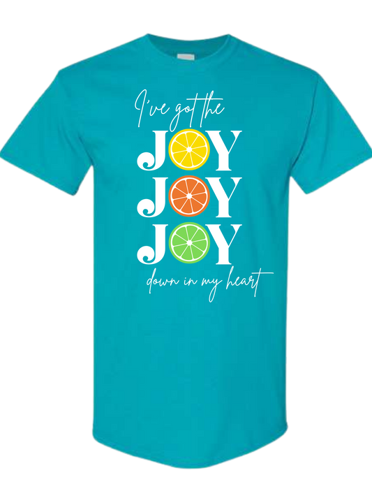 "Joy Joy, Joy" Citrus Design T-Shirt - Tropical Blue