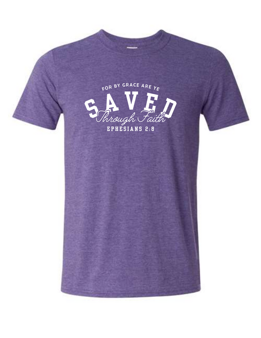 "Saved" Ephesians 2:8 KJV T-Shirt - Heather Purple