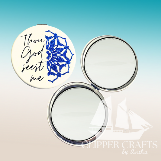 "Thou God Seest Me" Genesis 16:13 KJV White Compact Hand Mirror