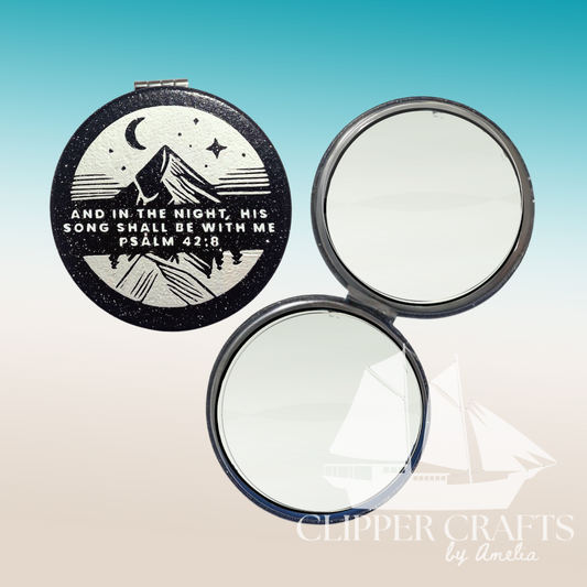 "In the Night, His Song Shall Be With Me" Psalm 42:8 KJV Black Glitter Compact Hand Mirror